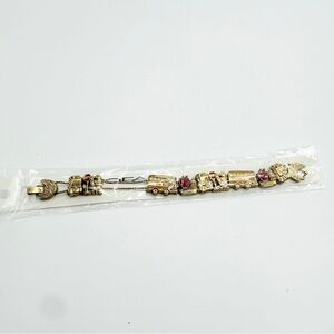 NWT Tofa Vintage-Style Gold Charm Bracelet With Bus Apple Childhood Theme Charms
